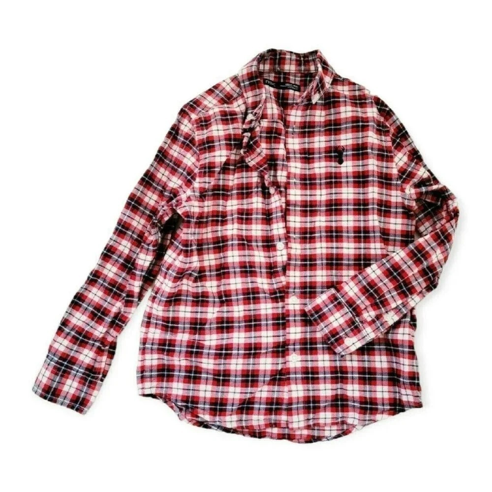 Next Organic Button Up Red & Navy Plaid - Boys 7 Yrs School Fall Winter Holiday